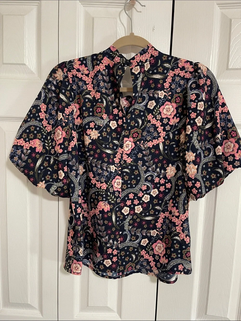 LOFT Floral Puff-Sleeve Blouse - Navy with Pink Floral